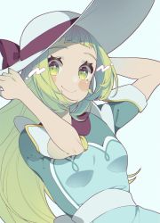 Rule 34 | 1girl, blonde hair, blush stickers, breasts, closed mouth, commentary request, creatures (company), dress, eyelashes, game freak, green dress, green eyes, hands on headwear, hat, hat ribbon, highres, lillie (pokemon), lillie (special costume) (pokemon), long hair, looking at viewer, mo (smileomoti), nintendo, official alternate costume, pokemon, pokemon masters ex, purple ribbon, ribbon, short sleeves, smile, solo, upper body, white hat