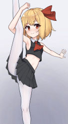 Rule 34 | 1girl, ascot, bare arms, bare shoulders, black skirt, black vest, blonde hair, closed mouth, hair ribbon, highres, looking at viewer, lulumiya (abbb1233), midriff, miniskirt, pantyhose, pleated skirt, red ascot, red eyes, red ribbon, ribbon, rumia, short hair, skirt, skirt set, smile, solo, split, standing, standing on one leg, standing split, touhou, vest, white pantyhose