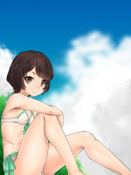 Rule 34 | 1girl, bare arms, bare legs, bare shoulders, bikini, blurry, blurry background, breasts, brown eyes, brown hair, closed mouth, cloud, cloudy sky, covered erect nipples, day, depth of field, feet out of frame, highres, looking at viewer, looking to the side, nurugamer-kouyouju, outdoors, shinmon megumi, short hair, side-tie bikini bottom, sitting, sky, small breasts, smile, solo, swimsuit, tomica hyper rescue drive head: kidou kyuukyuu keisatsu, white bikini