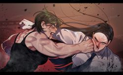 Rule 34 | 2girls, agalssamul, androgynous, battle, black hair, blood, blood from mouth, breasts, clenched teeth, face punch, forehead, green hair, highres, in the face, long hair, multiple girls, muscular, muscular female, necktie, no bangs, nosebleed, original, punching, scar, shirt, short hair, tank top, teeth, watermark