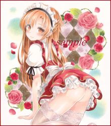 Rule 34 | 1girl, ass, asuna (sao), bad id, bad pixiv id, blonde hair, blouse, brown eyes, closed mouth, colored pencil (medium), dress, floral background, flower, grey thighhighs, lace, lace-trimmed legwear, lace trim, light smile, long hair, looking at viewer, looking back, marker (medium), parted bangs, pinafore dress, potto, puffy short sleeves, puffy sleeves, red dress, red flower, red rose, rose, shirt, short sleeves, sleeveless dress, smile, solo, sword art online, thighhighs, thighs, traditional media, white shirt