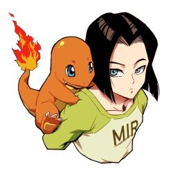 Rule 34 | 10s, 1boy, android 17, black hair, blue eyes, carrying, charmander, clothes writing, creatures (company), crossover, dragon ball, dragon ball super, dragonball z, expressionless, fire, flame-tipped tail, game freak, gen 1 pokemon, green shirt, kemachiku, long sleeves, looking back, lowres, male focus, nintendo, pokemon, pokemon (creature), shirt, short hair, simple background, upper body, white background