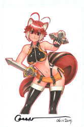 Rule 34 | 1girl, ahoge, animal ears, antenna hair, bare shoulders, black thighhighs, blazblue, breasts, brown eyes, brown hair, cleavage, clenched hands, cropped legs, dual wielding, fingerless gloves, gloves, halterneck, hand on own hip, highleg, highleg panties, holding, large breasts, leaning forward, looking at viewer, makoto nanaya, marker (medium), microskirt, midriff, multicolored hair, navel, no bra, omar dogan, panties, revealing clothes, short hair, simple background, skirt, smile, solo, squirrel ears, squirrel tail, tail, thighhighs, tonfa, traditional media, two-tone hair, underboob, underwear, v, weapon, white background, white hair