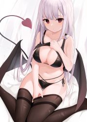 Rule 34 | 1girl, absurdres, bare arms, bare shoulders, bikini, black panties, black shirt, breasts, brown thighhighs, cleavage, clothes lift, collarbone, demon girl, demon tail, demon wings, highres, large breasts, lifting own clothes, long hair, looking at viewer, memekko, multi-strapped bikini, navel, original, panties, red eyes, shirt, shirt lift, side-tie bikini bottom, sitting, skindentation, sleeveless, sleeveless shirt, solo, stomach, string bikini, swimsuit, tail, thighhighs, thighs, twintails, underwear, very long hair, wariza, white hair, wings