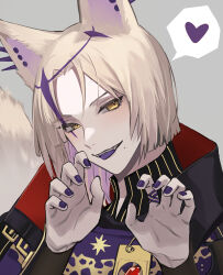 Rule 34 | 1boy, animal ears, blonde hair, claw pose, colored tongue, commentary, fangs, grey background, heart, highres, holostars, holostars english, isal (lasi), looking at viewer, magni dezmond, male focus, mole, mole under mouth, portrait, purple nails, purple tongue, short hair, solo, speech bubble, spoken heart, symbol-only commentary, tail, tongue, tongue out, virtual youtuber, wolf boy, wolf ears, wolf tail, yellow eyes