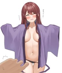 Rule 34 | absurdres, black panties, blush, blush stickers, breasts, breasts apart, collarbone, cowboy shot, groin, highres, idolmaster, idolmaster shiny colors, japanese clothes, kimono, large breasts, midriff, naked kimono, navel, notice lines, osaki tenka, panties, pov, pov hands, red hair, simple background, sweatdrop, tearing up, thigh gap, thighs, underwear, wanimaru, white background, wide sleeves