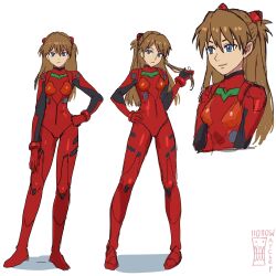 Rule 34 | 1girl, absurdres, artist name, blue eyes, bodysuit, breasts, brown hair, character sheet, hand on own hip, highres, interface headset, long hair, looking at viewer, multicolored clothes, multiple views, neon genesis evangelion, pilot suit, plugsuit, red bodysuit, shiny clothes, simple background, solo, souryuu asuka langley, standing, tsundere, two side up, watcher hollow, white background, wide hips