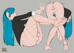 Rule 34 | 1boy, artist self-insert, artist self-reference, bent over, black lips, blue eyes, blue hair, blue ribbon, crossdressing, earrings, fishnet legwear, fishnets, flat chest, full body, grey background, highres, jewelry, khindzadza, khindzadza (character), long hair, looking at viewer, multiple views, original, penis, penis ribbon, perineum, ribbon, simple background, testicles, trap