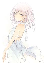 Rule 34 | 1girl, blush, breasts, closed mouth, dress, from side, grey eyes, light smile, looking at viewer, lpip, medium breasts, original, simple background, smile, solo, white background, white dress, white hair