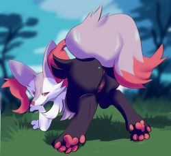 Rule 34 | 1girl, all fours, alternate color, animal ears, animal hands, anus, ass, blue background, braixen, cherrysnak, claws, cloud, creatures (company), feet, female focus, fox ears, fox tail, from behind, full body, furry, furry female, game freak, gen 6 pokemon, grass, green background, half-closed eyes, hand up, looking back, nintendo, outdoors, pokemon, pokemon (creature), pokemon xy, presenting, pussy, red eyes, shiny pokemon, simple background, sky, smile, solo, spread legs, tail, tree, uncensored