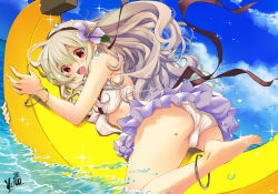 Rule 34 | 1girl, ass, banana, banana boat, barefoot, blush, corrin (female) (fire emblem), corrin (fire emblem), day, feet, fire emblem, fire emblem fates, fire emblem heroes, fire emblem if, food, fruit, grey hair, hairband, kero sweet, long hair, looking at viewer, nintendo, open mouth, pointy ears, red eyes, sky, smile, solo, toes, water, white hair