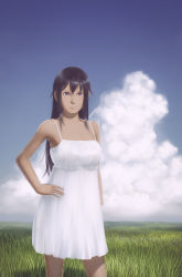 Rule 34 | 10s, 1girl, absurdres, amputee, bad id, bad pixiv id, black hair, blue sky, cloud, day, dress, field, grass, hand on own hip, highres, katawa shoujo, long hair, miura miki, outdoors, purple eyes, sky, smile, standing, tan, wooph