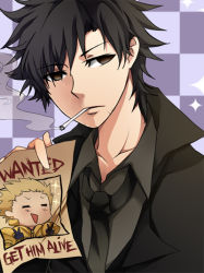 Rule 34 | 1boy, = =, artist request, black hair, blonde hair, brown eyes, checkered background, cigarette, double v, emiya kiritsugu, english text, facial hair, fate/stay night, fate/zero, fate (series), gilgamesh (fate), male focus, necktie, poster, poster (medium), poster (object), solo, sparkle, stubble, v, wanted