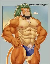 Rule 34 | 1boy, abs, animal ears, arsalan (housamo), bara, beard, blue male swimwear, breath, bulge, claws, commentary, english commentary, facial hair, furry, furry male, hands on own hips, highres, lhjal2, lion boy, lion ears, lion mane, lion tail, looking down, male focus, male swimwear, muscular, muscular male, nipples, patreon username, pectorals, pubic hair, red eyes, smile, solo, tail, thick eyebrows, tokyo houkago summoners, topless male
