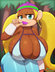 Rule 34 | 1girl, absurdres, animal, animal ears, aqua eyes, blonde hair, blue eyes, bouncing, bouncing breasts, bra, breast press, breasts, brown fur, cleavage, diddy kong racing ds, donkey kong (series), earrings, eating, female focus, food, furry, furry female, hat, highres, huge breasts, jewelry, jiggle, long hair, looking at viewer, miso souperstar, monkey, monkey ears, monkey girl, motion lines, naughty face, nintendo, outdoors, palm tree, popsicle, revealing clothes, seductive smile, smile, solo, standing, thick thighs, thighs, tiny kong, tree, tree stump, twintails, two-tone hat, underwear, very long hair, video game, wide hips