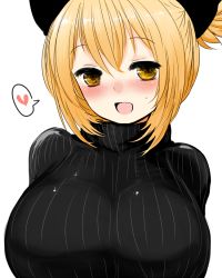 Rule 34 | 1girl, alternate costume, blonde hair, blush, bow, breasts, close-up, female focus, hair bow, hair up, han (jackpot), heart, huge breasts, kurodani yamame, open mouth, short hair, smile, solo, spoken heart, sweater, touhou, upper body, yellow eyes