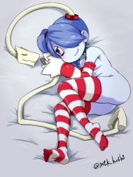 Rule 34 | 1girl, ass, bed, blue hair, blue skin, blush, colored skin, detached collar, detached sleeves, feet, functionally nude, hair over one eye, highres, leviathan (skullgirls), lying, mtk hoshi, on side, red eyes, side ponytail, skullgirls, solo, squigly (skullgirls), stitched mouth, stitches, striped sleeves, thighhighs, toes, wide hips, wide sleeves, zombie