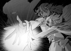 Rule 34 | 2girls, commentary request, dress, greyscale, gundam, gundam aerial, gundam suisei no majo, hand on another&#039;s waist, highres, jacket, jacket on shoulders, korean commentary, long hair, long sleeves, miorine rembran, monochrome, multiple girls, open mouth, outstretched arm, snapagi, strapless, strapless dress, suletta mercury, thick eyebrows, upper body