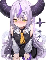 Rule 34 | 1girl, absurdres, ascot, averting eyes, bare shoulders, blush, braid, braided bangs, closed mouth, collared dress, commentary request, demon girl, demon horns, detached sleeves, dress, from above, grey hair, hands on lap, highres, hololive, horns, iruka3, kneeling, la+ darknesss, la+ darknesss (1st costume), long hair, long sleeves, multicolored hair, pantyhose, purple hair, purple horns, purple pantyhose, simple background, single leg pantyhose, sleeveless, sleeveless dress, solo, streaked hair, striped horns, tail, very long hair, virtual youtuber, white background, yellow ascot, yellow eyes