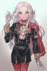 Rule 34 | 1girl, adjusting hair, black jacket, black shorts, cape, commentary, cowboy shot, edelgard von hresvelg, fire emblem, fire emblem: three houses, garreg mach monastery uniform, gloves, gold trim, grey background, grey hair, hair ribbon, hand up, highres, jacket, long hair, long sleeves, looking at viewer, nintendo, open mouth, pantyhose, purple eyes, purple ribbon, red cape, red pantyhose, ribbon, rn (kicakabe), shorts, solo, standing, symbol-only commentary, white gloves
