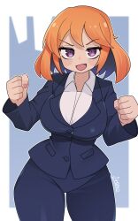 Rule 34 | 1girl, absurdres, black pants, blue hair, blush, breasts, business suit, character request, collared shirt, colored inner hair, copyright request, formal, highres, large breasts, long sleeves, looking at viewer, multicolored hair, office lady, open mouth, orange hair, pants, purple eyes, ryuusui arumo, shirt, short hair, smile, solo, suit, white shirt, wide hips