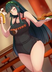 Rule 34 | 1girl, ;), alcohol, beer, blunt bangs, breasts, burger, cleavage, curvy, dutch angle, food, french fries, froth, green hair, green hairband, hairband, highres, holding, holding plate, hooters, indoors, large breasts, long hair, looking at viewer, one eye closed, plate, short shorts, shorts, smile, solo, standing, stool, touhoku zunko, very long hair, voiceroid, waitress, yellow eyes, yuzumiya mono