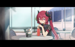 Rule 34 | 0shino, 1girl, bad id, bad twitter id, bendy straw, black shirt, blue archive, blurry, blush, chair, cup, depth of field, drink, drinking straw, elbows on table, flower, hair between eyes, hands up, highres, holding, holding drinking straw, horns, junko (blue archive), letterboxed, long hair, looking at viewer, necktie, outdoors, parted lips, pink eyes, plant, potted plant, puffy sleeves, red hair, red necktie, shirt, short sleeves, sitting, solo, sweat, table, twintails, umbrella, upper body, white flower, white umbrella