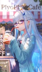 Rule 34 | 1girl, aqua ribbon, blue hair, blue jacket, blue skirt, blunt bangs, blush, braid, cafe, casual, commentary request, contemporary, cup, day, disposable cup, drinking straw, drinking straw in mouth, french braid, glasses, glowing, glowing hair, highres, jacket, lize helesta, long hair, looking at viewer, multicolored hair, neck ribbon, nijisanji, outdoors, pleated skirt, purple eyes, ribbon, sailor collar, school uniform, serafuku, sidelocks, silver hair, skirt, solo, streaked hair, sunlight, suraimu (suraimuraimu), very long hair, virtual youtuber