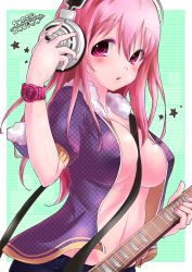 Rule 34 | 1girl, absurdres, blush, breasts, cleavage, covered erect nipples, denim, emu (trigger), groin, guitar, headphones, highres, instrument, jeans, large breasts, long hair, nitroplus, no bra, open clothes, open shirt, pants, pink eyes, pink hair, shirt, simple background, strap, super sonico, sweat, unmoving pattern, watch, wristwatch