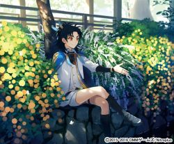 Rule 34 | 10s, 1boy, black hair, blue hair, boots, bug, bush, butterfly, cape, company name, dappled sunlight, feather hair ornament, feathers, fence, flower, furrowed brow, feather hair ornament, bug, jacket, knee boots, leaf, crossed legs, looking at viewer, male focus, official art, on wall, outstretched arm, personification, plant, retaining wall, shorts, sitting, smile, solo, stone wall, sunlight, taikogane sadamune, toichi (ik07), touken ranbu, tree, wall, watermark, white jacket, wooden fence, yellow eyes