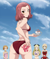 Rule 34 | 10s, 4girls, ass, ass tattoo, assam (girls und panzer), bikini, blonde hair, blue eyes, braid, breasts, choker, cleavage, cloud, cloudy sky, commentary, cup, darjeeling (girls und panzer), day, closed eyes, flower, from behind, girls und panzer, hair ribbon, holding, inoshira, long hair, looking back, multiple girls, one-piece swimsuit, open mouth, orange pekoe (girls und panzer), purple bikini, red bikini, red eyes, red hair, red one-piece swimsuit, ribbon, rose, rosehip (girls und panzer), saucer, short hair, sideboob, sky, smile, strapless, strapless one-piece swimsuit, swimsuit, tattoo, teacup