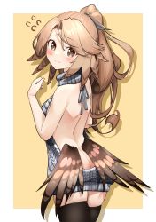 Rule 34 | 1girl, absurdres, arknights, ass, backless outfit, bare arms, bare back, bare shoulders, black thighhighs, blush, brown eyes, brown hair, butt crack, commentary request, cowboy shot, flying sweatdrops, hand up, highres, killizard, long hair, looking at viewer, low wings, meme attire, mole, mole under eye, partial commentary, pinecone (arknights), ponytail, solo, standing, thighhighs, virgin killer sweater, wings
