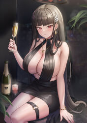 Rule 34 | 1girl, absurdres, black hair, black skirt, blue archive, blush, bottle, bracelet, breasts, bright pupils, cleavage, cocktail, cocktail glass, cup, drinking glass, feet out of frame, hair ornament, hairclip, halo, highres, holding, holding cup, huge breasts, jewelry, long hair, necklace, open mouth, pencil skirt, red eyes, rio (blue archive), skirt, solo, subob (subobdesu), thigh strap, white pupils