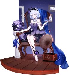 Rule 34 | 1girl, arizona (blue oath), arizona (ebony flower) (blue oath), armchair, artist request, bare shoulders, black choker, blue hair, blue oath, bow, bowtie, breasts, chair, choker, crown hair ornament, cup, dress, drinking glass, earrings, elbow gloves, flower, gloves, hair flower, hair ornament, hair ribbon, highres, holding, holding cup, jewelry, legs, long hair, looking at viewer, medium breasts, necklace, official art, purple dress, purple eyes, ribbon, shoes, sitting, solo, transparent background, white footwear, white gloves, wine glass