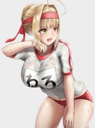 Rule 34 | 1girl, ahoge, blonde hair, braid, breasts, buruma, collarbone, fate/extra, fate/grand order, fate (series), french braid, green eyes, grey background, gym shirt, hair between eyes, hair bun, hand on own thigh, headband, highres, large breasts, looking to the side, name tag, navel, nero claudius (fate), nero claudius (fate) (all), nero claudius (fate/extra), nero claudius (olympian bloomers) (fate), open mouth, ponytail, red buruma, red headwear, shirt, short ponytail, short sleeves, sidelocks, single hair bun, sweat, sweatdrop, thighs, tongue, white shirt