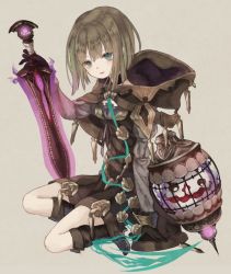 Rule 34 | 1boy, androgynous, bad id, bad pixiv id, boots, breasts, brown hair, cage, cloak, dress, full body, green eyes, gretel (sinoalice), hansel (sinoalice), holding, holding sword, holding weapon, hood, hooded cloak, lantern, looking at viewer, male focus, oro ponzu, patterned clothing, seiza, short hair, shorts, simple background, sinoalice, sitting, smile, solo, sword, trap, weapon