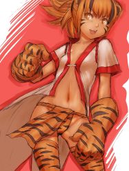 Rule 34 | 1girl, animal hands, animal print, breasts, center opening, character request, cleavage, flat chest, fumio (rsqkr), fundoshi, gloves, japanese clothes, matching hair/eyes, midriff, navel, new year, orange eyes, orange hair, original, slit pupils, solo, tan, thighhighs, tiger paws, tiger print