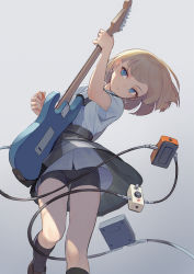 Rule 34 | 1girl, absurdres, bike shorts, bike shorts under skirt, black footwear, black shorts, black skirt, black socks, blonde hair, blue eyes, boots, brown hair, cable, commentary, crotch seam, earrings, electric guitar, grey background, grey shirt, guitar, high-waist skirt, highres, holding, holding instrument, instrument, jewelry, kaito (k4itoh), kneehighs, mismatched earrings, object request, original, piercing, pleated skirt, plectrum, shirt, shirt tucked in, short hair, short sleeves, shorts, simple background, skirt, socks, solo, standing, uniform, upskirt