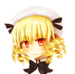 Rule 34 | 1girl, blonde hair, drill hair, hat, light smile, looking at viewer, luna child, noutaru (masayaichinl), portrait, red eyes, ribbon, short hair, simple background, solo, touhou, white background