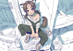 Rule 34 | 1girl, air conditioner, animal ears, bracelet, brown hair, building, collarbone, female focus, flat color, game boy, game boy (original), green overalls, grin, handheld game console, head tilt, jewelry, jinkai yamizawa, looking at viewer, low twintails, original, overalls, partially colored, plant, potted plant, shoes, single bare shoulder, sitting, smile, solo, tail, twintails, v arms