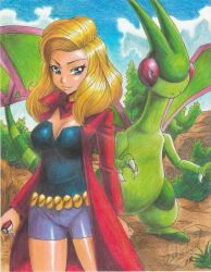 Rule 34 | 1girl, 1other, 2018, absurdres, artist name, belt, black eyes, black shirt, blonde hair, blue eyes, breasts, bush, claws, cleavage, closed mouth, coat, creatures (company), day, diane (pokemon), dragon, dragon wings, flygon, game freak, gen 3 pokemon, highres, holding, holding poke ball, large breasts, long hair, medium breasts, nintendo, nostrils, outdoors, parted lips, poke ball, pokemon, pokemon: jirachi: wish maker, pokemon (anime), pokemon rse (anime), purple shorts, ravernclouk design, red coat, red scarf, rock, scarf, shirt, shorts, sky, traditional media, very long hair, wings