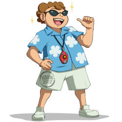 Rule 34 | 1boy, :d, artist name, blue shirt, brown hair, collared shirt, commentary, creatures (company), floral print, full body, game freak, hand on own hip, hand up, highres, kitsooki, male focus, nintendo, open mouth, pokemon, pokemon emerald, pokemon rse, scott (pokemon), shirt, shoes, short hair, short sleeves, shorts, smile, solo, sparkle, standing, sunglasses, teeth, thumbs up, tongue, upper teeth only, watermark