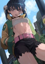 Rule 34 | 1girl, belt, belt buckle, black choker, black hair, black shorts, blue sky, breasts, buckle, choker, cloud, collarbone, commentary, crossed bandaids, day, earrings, english commentary, eyebrows hidden by hair, green jacket, hair ornament, hand in pocket, highres, jacket, jewelry, ji-yoon (jourd4n), jourd4n, long sleeves, looking at viewer, navel, open clothes, open jacket, original, outdoors, parted lips, pink belt, puffy long sleeves, puffy sleeves, red eyes, sarashi, short shorts, shorts, skull hair ornament, sky, small breasts, solo, teeth, twintails, upper teeth only, v-shaped eyebrows