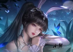 Rule 34 | 1girl, animal ears, black hair, bug, butterfly, collar, douluo dalu, fireflies, highres, insect, leaning, metal collar, night, night sky, open mouth, ponytail, rabbit ears, sky, smile, solo, star (sky), teeth, upper body, vegetation, xiao wu (douluo dalu), zenme maorongrong de a