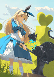 Rule 34 | 1girl, alice (alice in wonderland), alice in wonderland, axe, black hairband, blonde hair, blue dress, blue eyes, blue hairband, blue ribbon, blue sky, cat, cheshire cat (alice in wonderland), cloud, commentary, day, dress, english commentary, feet out of frame, frilled dress, frills, grass, hair between eyes, hairband, heterochromia, highres, holding, holding axe, kneehighs, long hair, looking at animal, outdoors, own hands together, parted lips, pinafore dress, puffy short sleeves, puffy sleeves, ribbon, short sleeves, sky, sleeveless dress, socks, solo focus, standing, sunlight, tail, tree stump, wakuseiy, white socks, wrist cuffs, yellow eyes