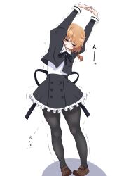 Rule 34 | 1girl, :&gt;, absurdres, arms up, assault lily, black pantyhose, black ribbon, black skirt, blush, braid, braided ponytail, brown footwear, brown hair, buttons, closed eyes, closed mouth, commentary request, cropped jacket, frilled skirt, frills, full body, futagawa fumi, high-waist skirt, highres, interlocked fingers, juliet sleeves, loafers, long hair, long sleeves, low ponytail, miniskirt, neck ribbon, outstretched arms, own hands together, pantyhose, pigeon-toed, puffy sleeves, ribbon, school uniform, shirt, shoes, simple background, single braid, skirt, smile, solo, standing, stretching, trembling, v-shaped eyebrows, white background, white shirt, yurigaoka girls academy school uniform, zenmaru samurai