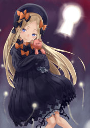 Rule 34 | 1girl, abigail williams (fate), black bow, black dress, black hat, blonde hair, bloomers, blue eyes, bow, bug, butterfly, closed mouth, commentary request, doonatsu., dress, fate/grand order, fate (series), forehead, hair bow, hat, head tilt, highres, hugging object, insect, keyhole, long hair, long sleeves, looking at viewer, orange bow, parted bangs, polka dot, polka dot bow, sleeves past wrists, smile, solo, stuffed animal, stuffed toy, teddy bear, underwear, very long hair, white bloomers