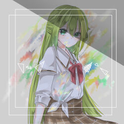 Rule 34 | 1girl, alina gray, bow, bowtie, brown skirt, closed mouth, green eyes, green hair, hair between eyes, highres, layered sleeves, long hair, long sleeves, looking at viewer, magia record: mahou shoujo madoka magica gaiden, mahou shoujo madoka magica, multicolored hair, paint on clothes, plaid, plaid skirt, pleated skirt, red bow, red bowtie, rrr 0704 matu, sakae general school uniform, school uniform, shirt, short over long sleeves, short sleeves, single hair ring, skirt, solo, streaked hair, very long hair, white shirt