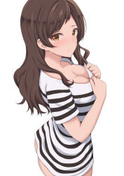 Rule 34 | 1girl, absurdres, ass, blush, bottomless, breasts, brown hair, cleavage, highres, houki (tonburi), idolmaster, idolmaster million live!, kitazawa shiho, long hair, looking at viewer, looking to the side, medium breasts, shirt, short sleeves, simple background, solo, striped clothes, striped shirt, white background