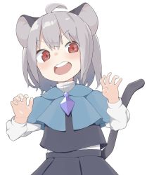 Rule 34 | 1girl, ahoge, animal ears, black skirt, black vest, blush, capelet, commentary request, cowboy shot, grey hair, hands up, highres, jewelry, kae karee, long sleeves, mouse ears, mouse tail, nazrin, open mouth, pendant, red eyes, shirt, short hair, simple background, skirt, solo, tail, touhou, upper body, vest, white background, white shirt